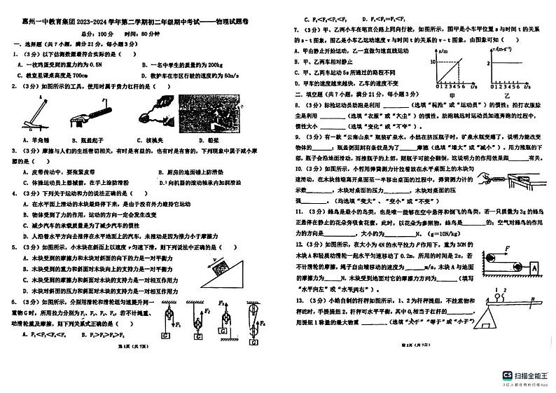 广东省惠州市一中教育集团2023-2024学年八年级下学期物理期中考试卷01