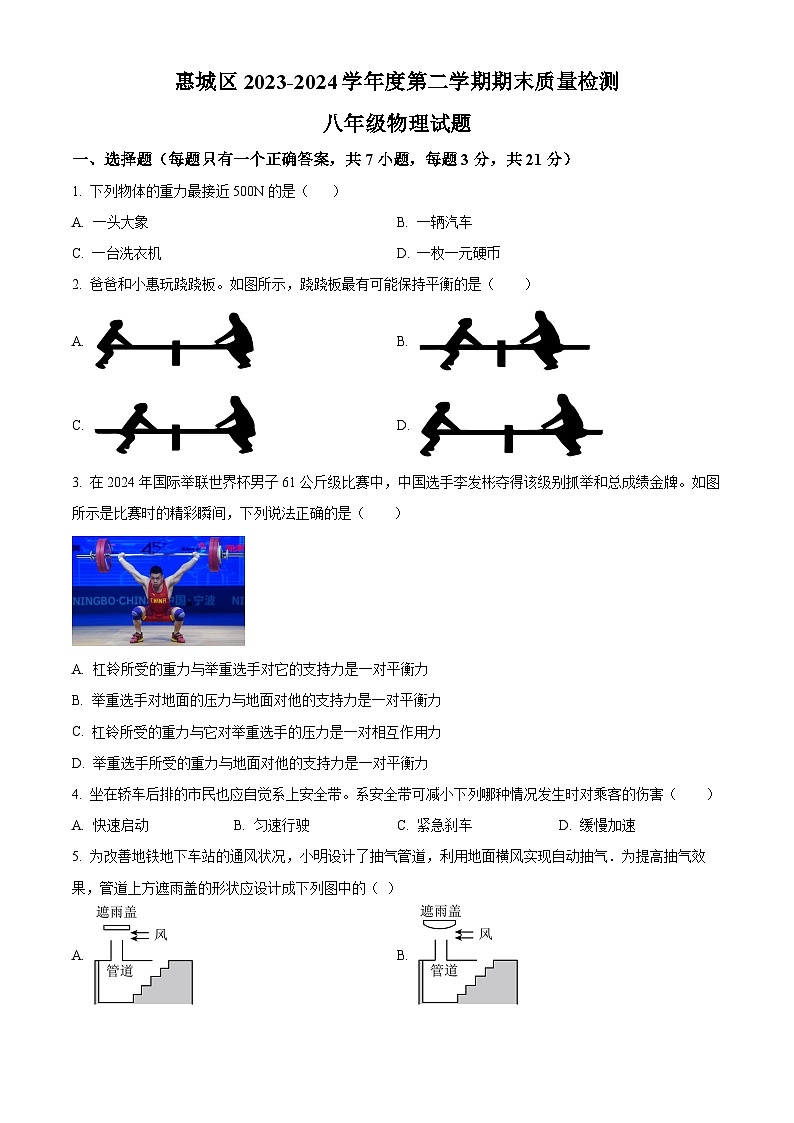 广东省惠州市惠城区2023-2024学年八年级下学期期末教学质量检测物理试题（原卷版）第1页