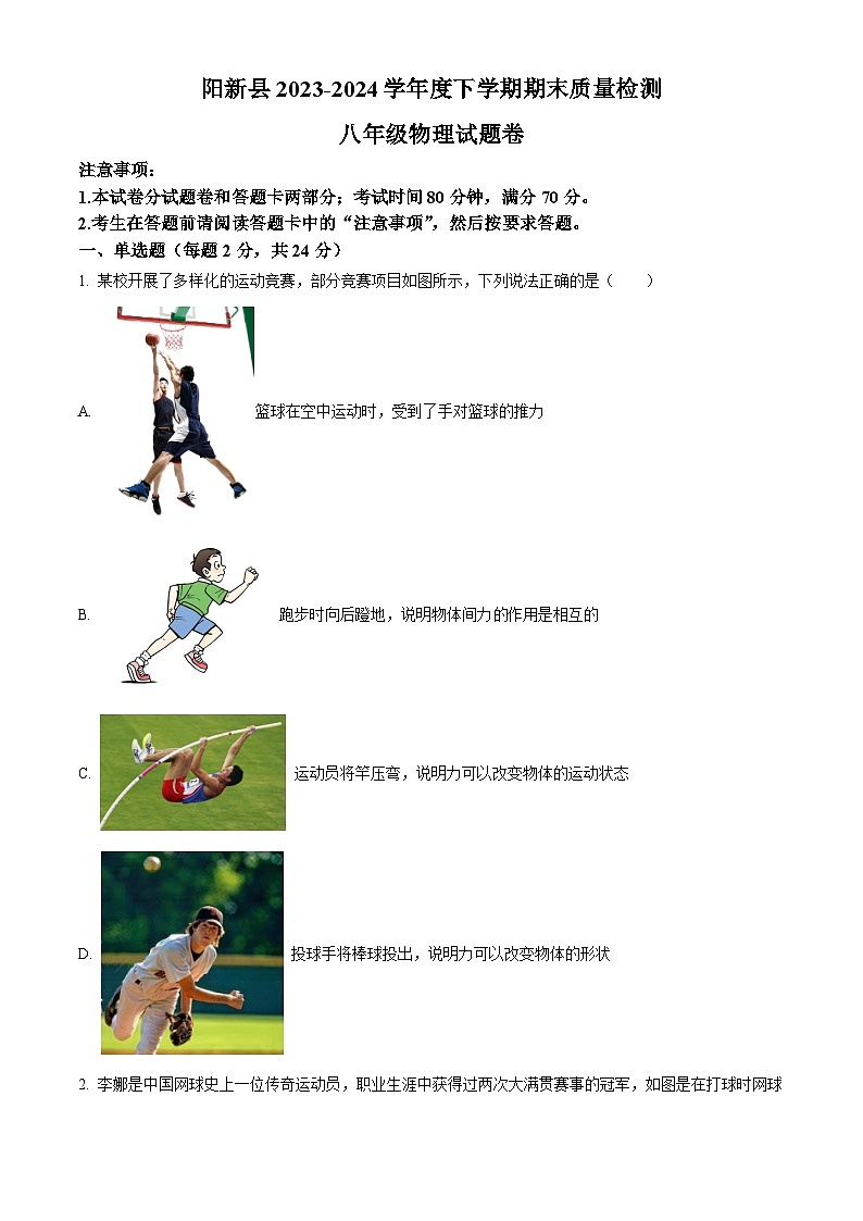 湖北省黄石市阳新县2023-2024学年八年级下学期期末质量检测物理试题（原卷版+解析版）01