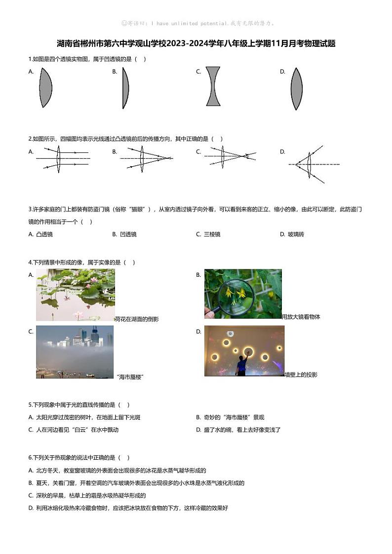 [物理]湖南省郴州市第六中学观山学校2023-2024学年八年级上学期11月月考物理试题01