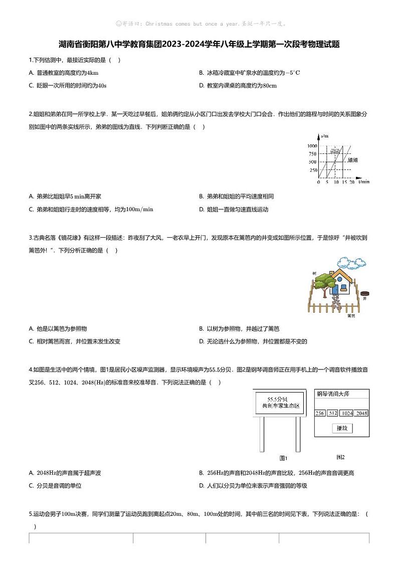 [物理]湖南省衡阳第八中学教育集团2023-2024学年八年级上学期月考第一次段考物理试题01