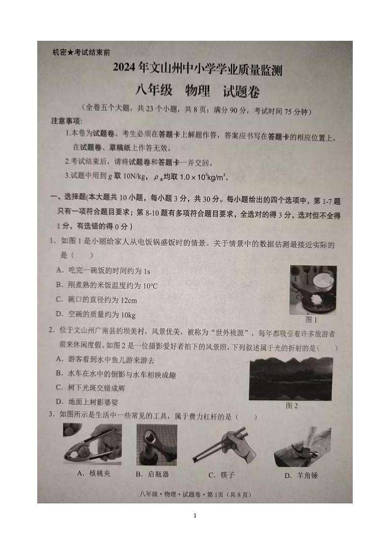 云南省文山州中小学2023-2024学年八年级下学期期末学业质量监测 物理试卷第1页