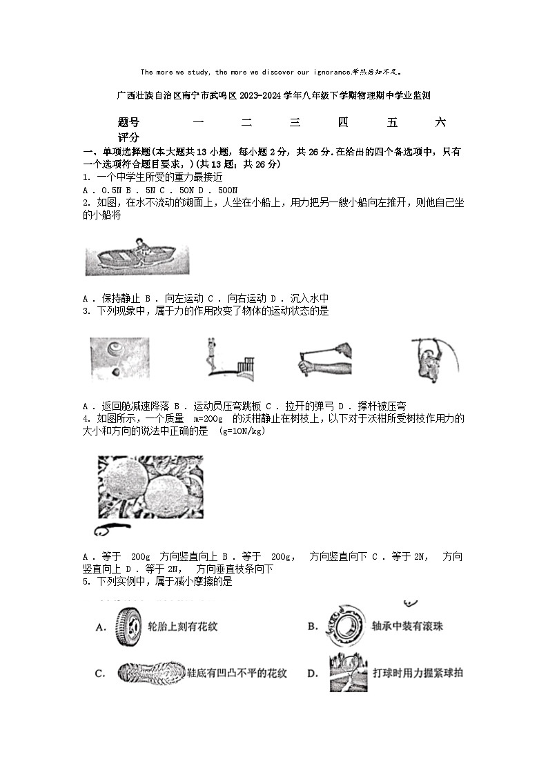 [物理][期中]广西壮族自治区南宁市武鸣区2023-2024学年八年级下学期物理期中学业监测第1页