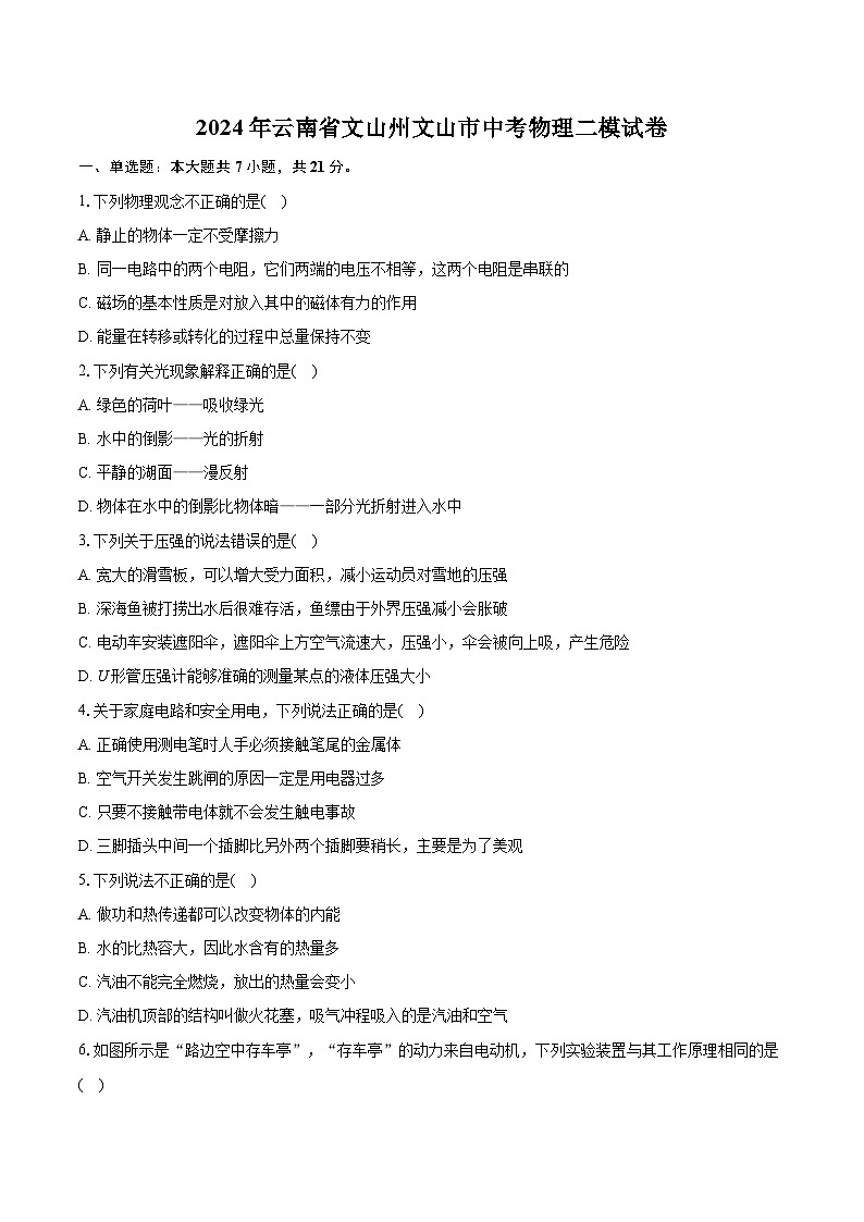 2024年云南省文山州文山市中考物理二模试卷01