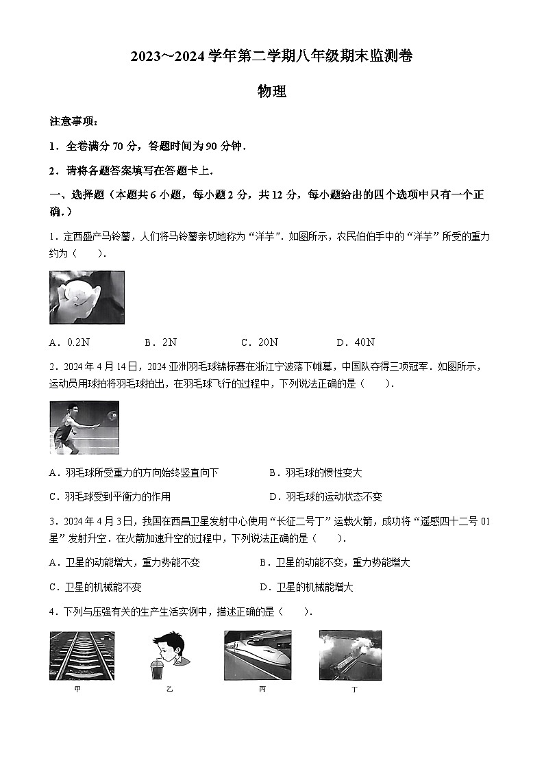 甘肃省定西市岷县2023-2024学年下学期期末检测八年级物理试卷(无答案)第1页