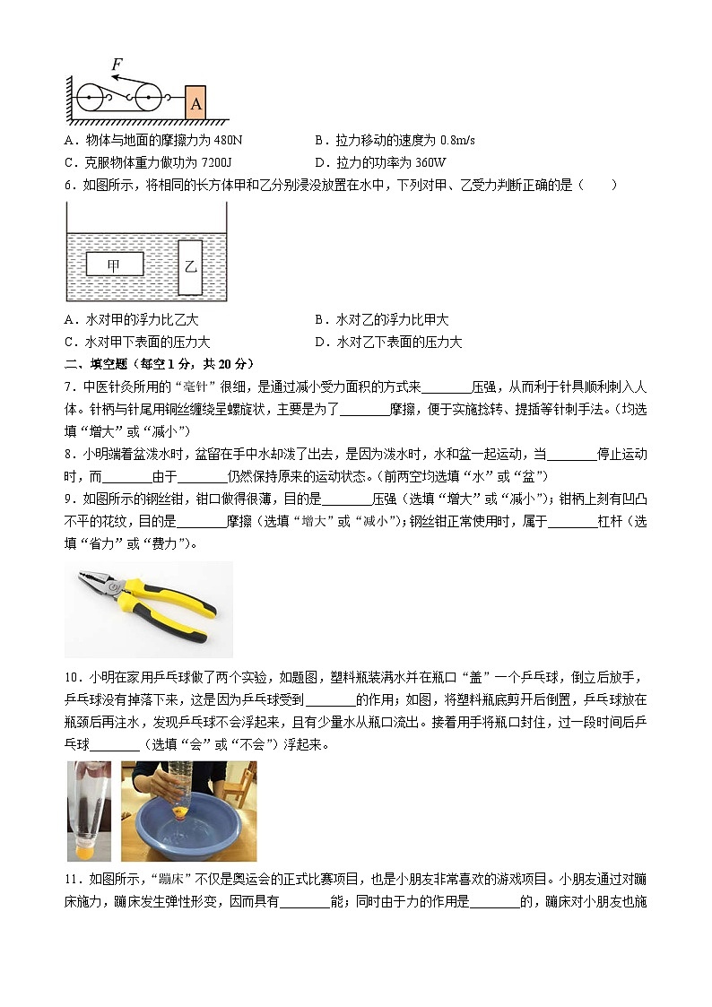 吉林市四平市铁东区2023-2024学年八年级下学期期末考试物理试题第2页