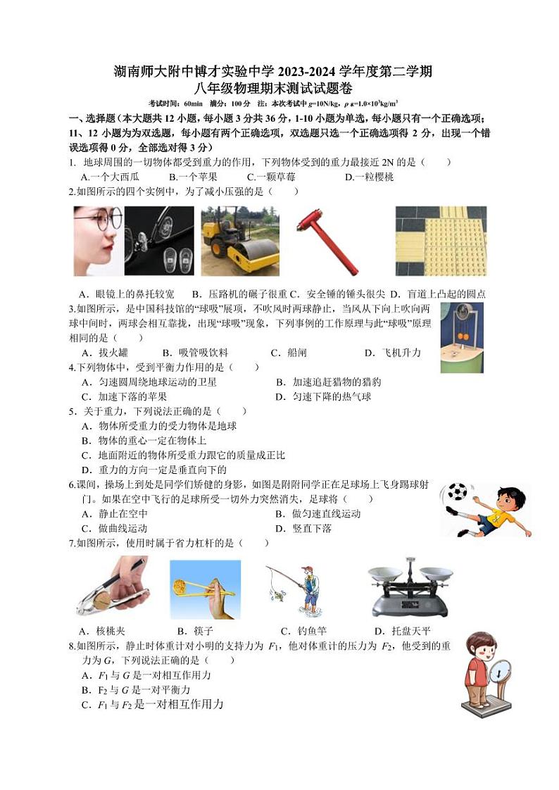 湖南师大附中博才实验中学2023-2024学年八年级下学期期末考试物理试卷第1页