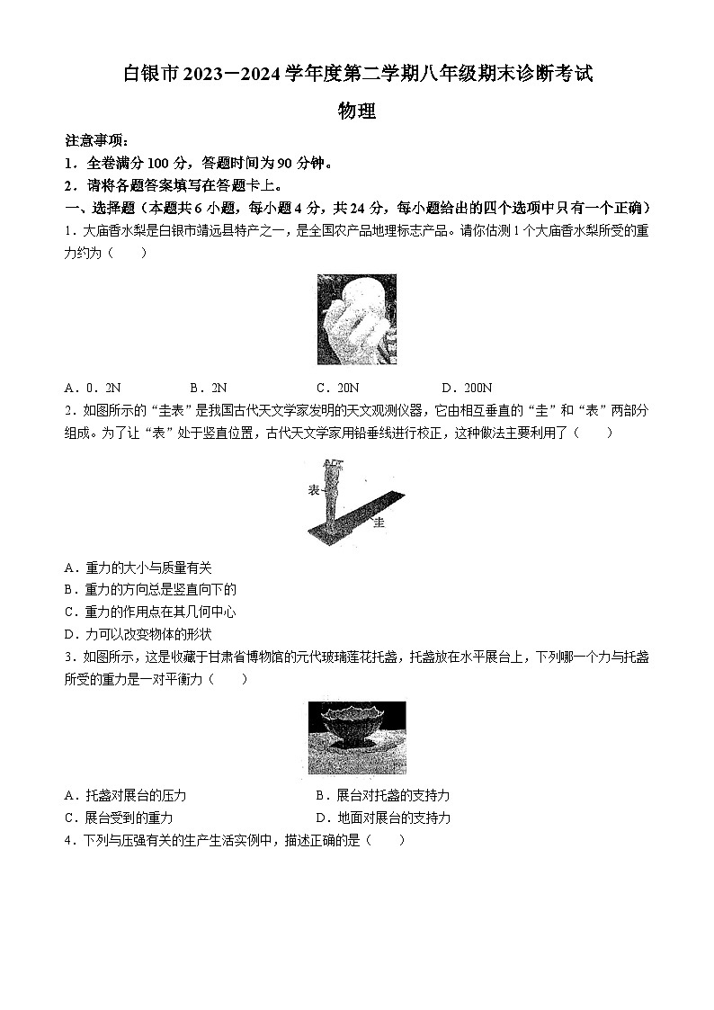 甘肃白银2023-2024学年下学期期末八年级物理试卷第1页