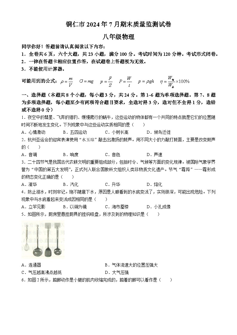 贵州省铜仁市2023-2024学年八年级下学期物理 期末测试卷(无答案)01