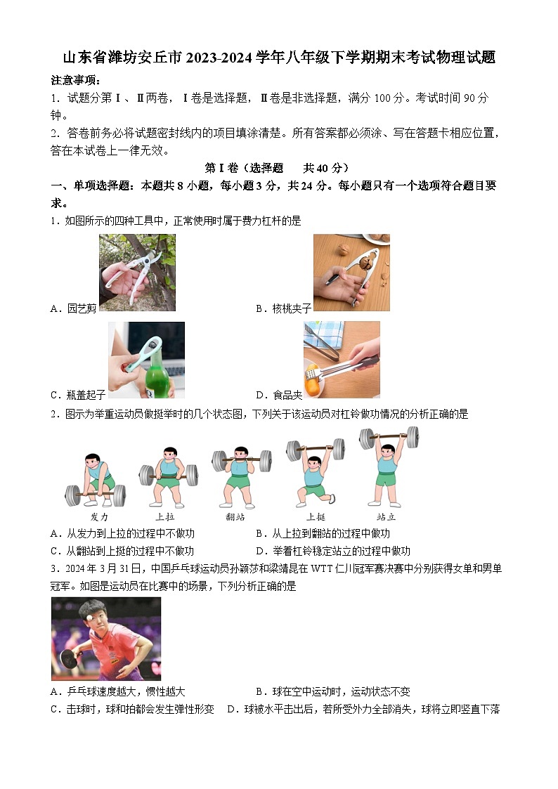 山东省潍坊安丘市2023-2024学年八年级下学期期末考试物理试题(无答案)第1页