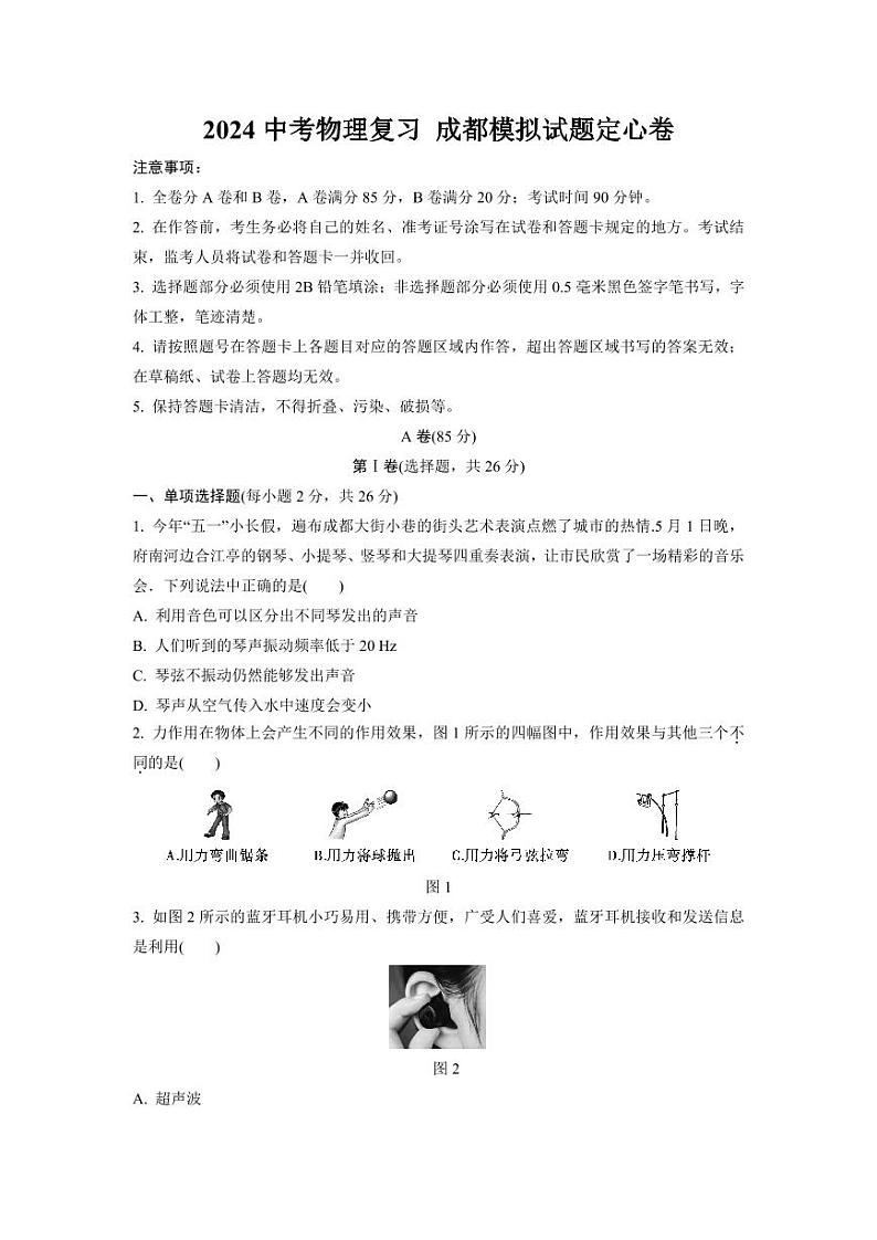 2024中考物理复习 成都模拟试题定心卷 (含详细解析)第1页