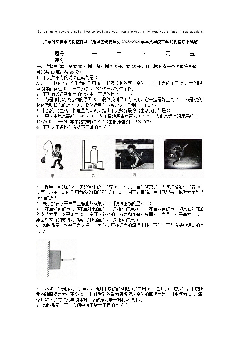 [物理]广东省深圳市龙岗区深圳市龙岗区宏扬学校2023-2024学年八年级下学期期中试题第1页