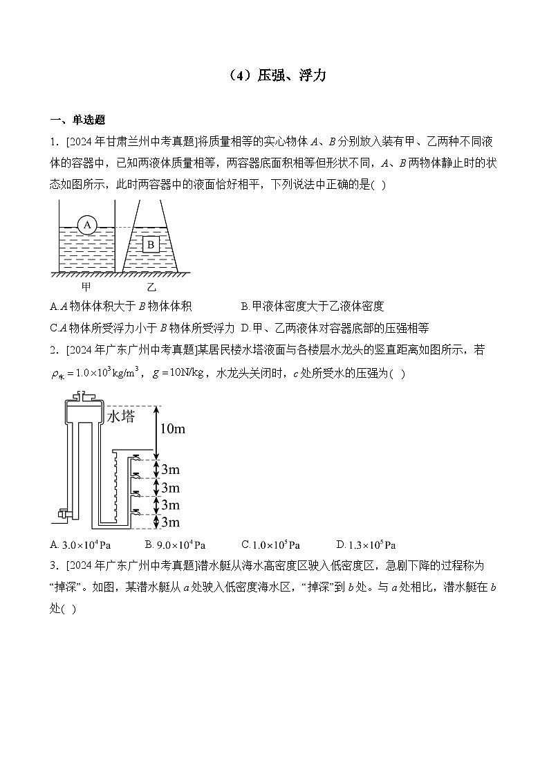 （4）压强、浮力——2024年中考物理真题专项汇编第1页