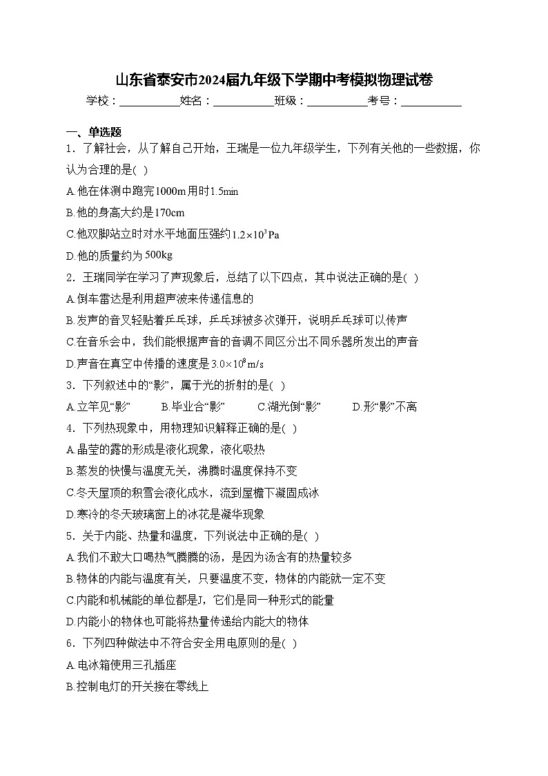 山东省泰安市2024届九年级下学期中考模拟物理试卷(含答案)01