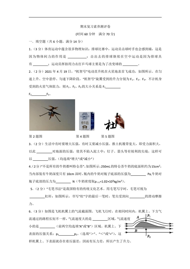 [物理]期末复习素养测评卷2023～2024学年人教版八年级下册(无答案)第1页