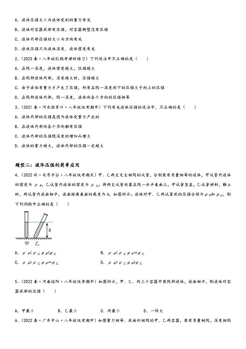 人教版八年级下册物理精讲与精练突破9.2 液体的压强（附答案）第2页
