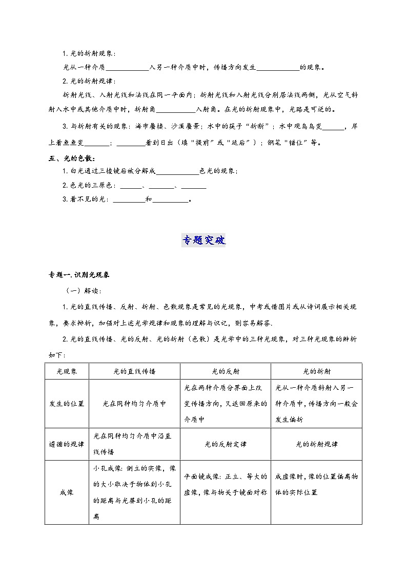 人教版八年级物理上册通关讲义第4章光现象(知识清单+专题突破)(原卷版+解析)第2页