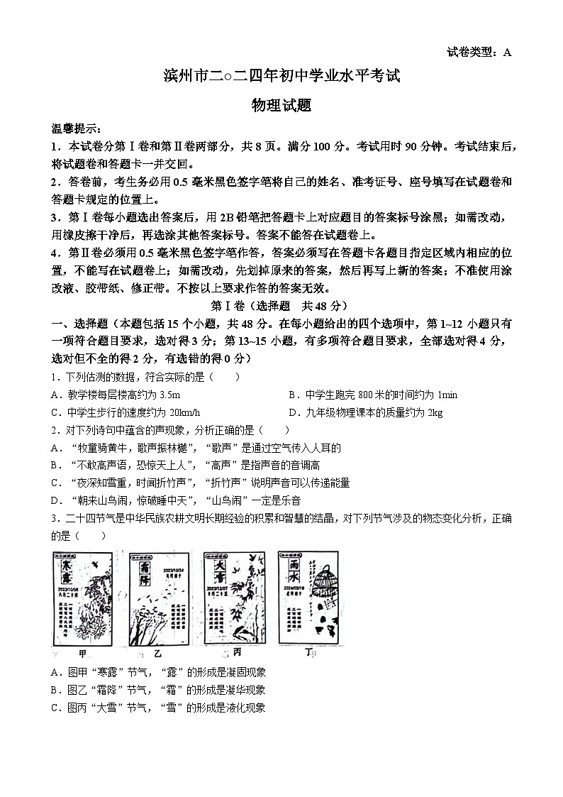 2024年山东省滨州市中考物理试题(无答案)第1页