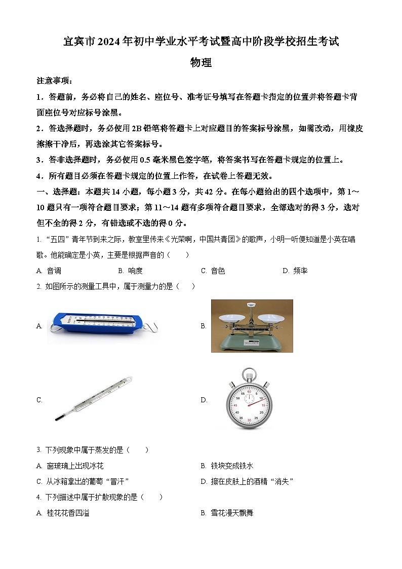 精品解析：2024年四川省宜宾市中考物理试题（原卷版）01