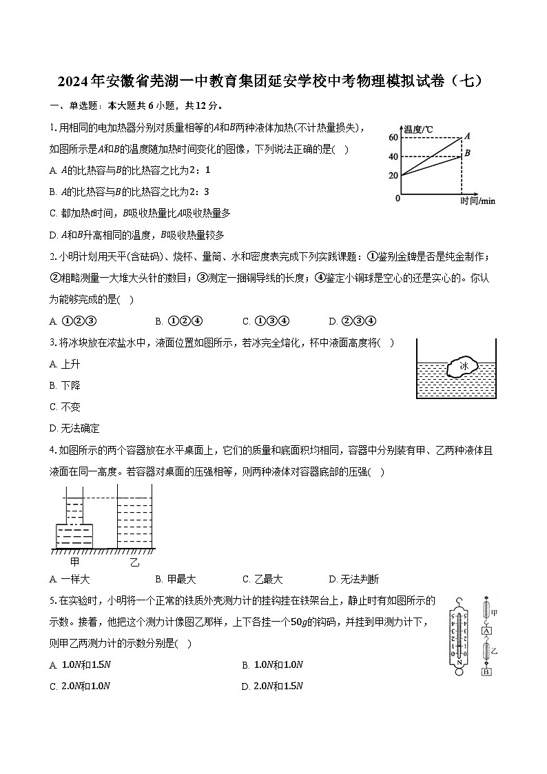 2024年安徽省芜湖一中教育集团延安学校中考物理模拟试卷（七）（含解析）第1页
