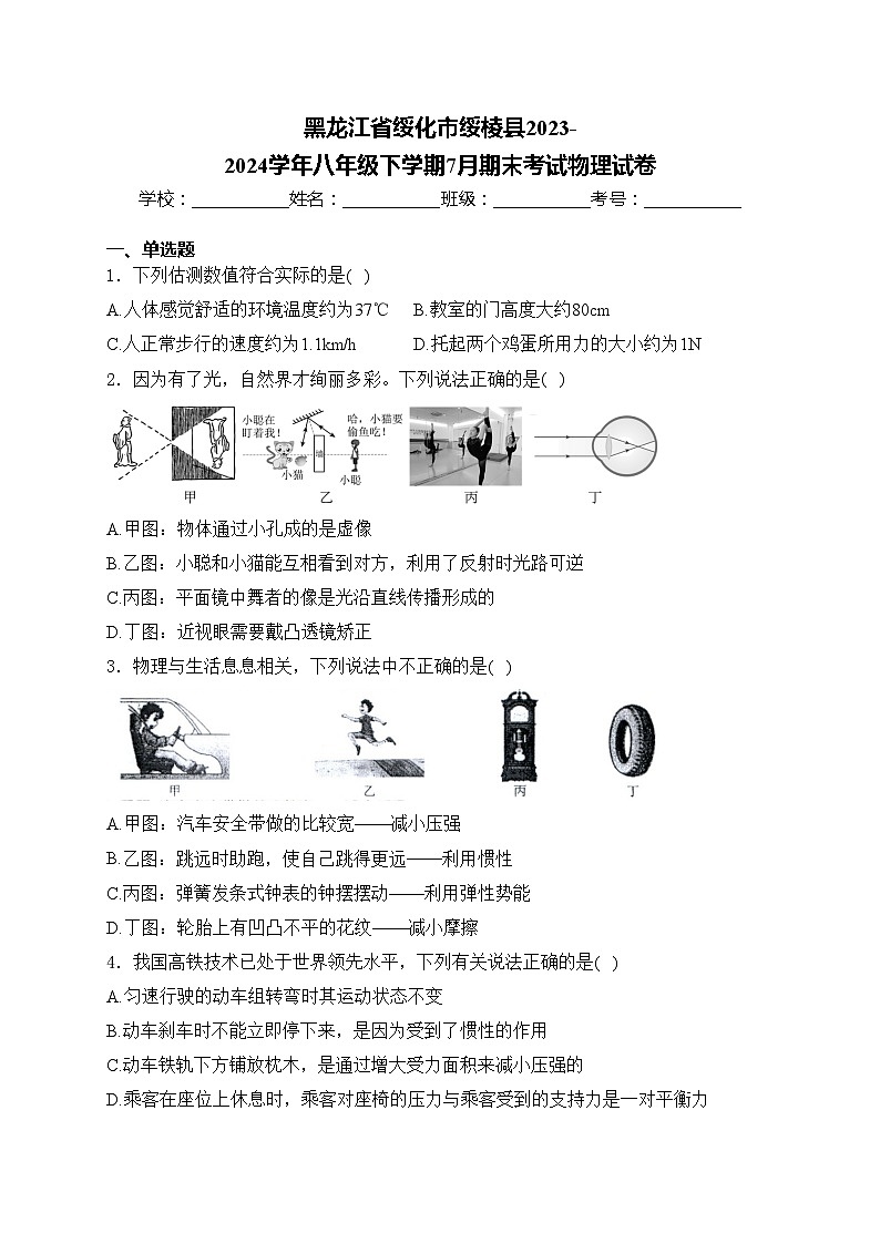 黑龙江省绥化市绥棱县2023-2024学年八年级下学期7月期末考试物理试卷(含答案)01