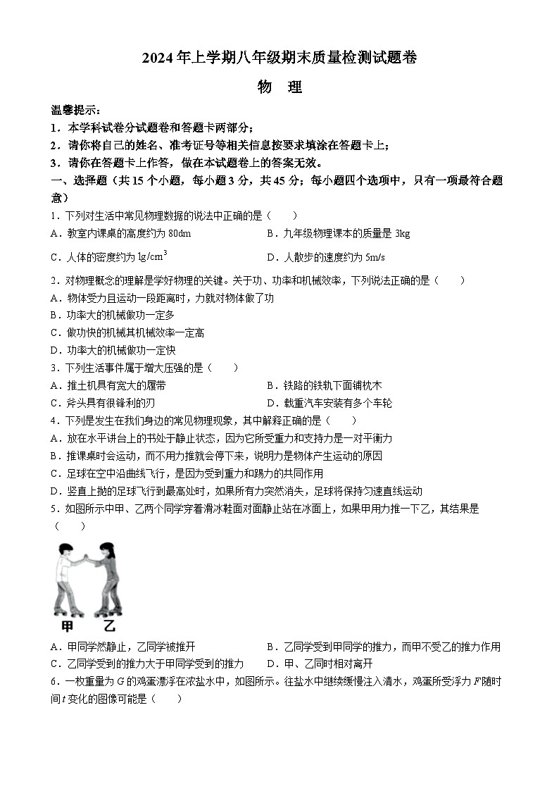 湖南省邵阳市隆回县2023-2024学年八年级下学期期末考试物理试题第1页