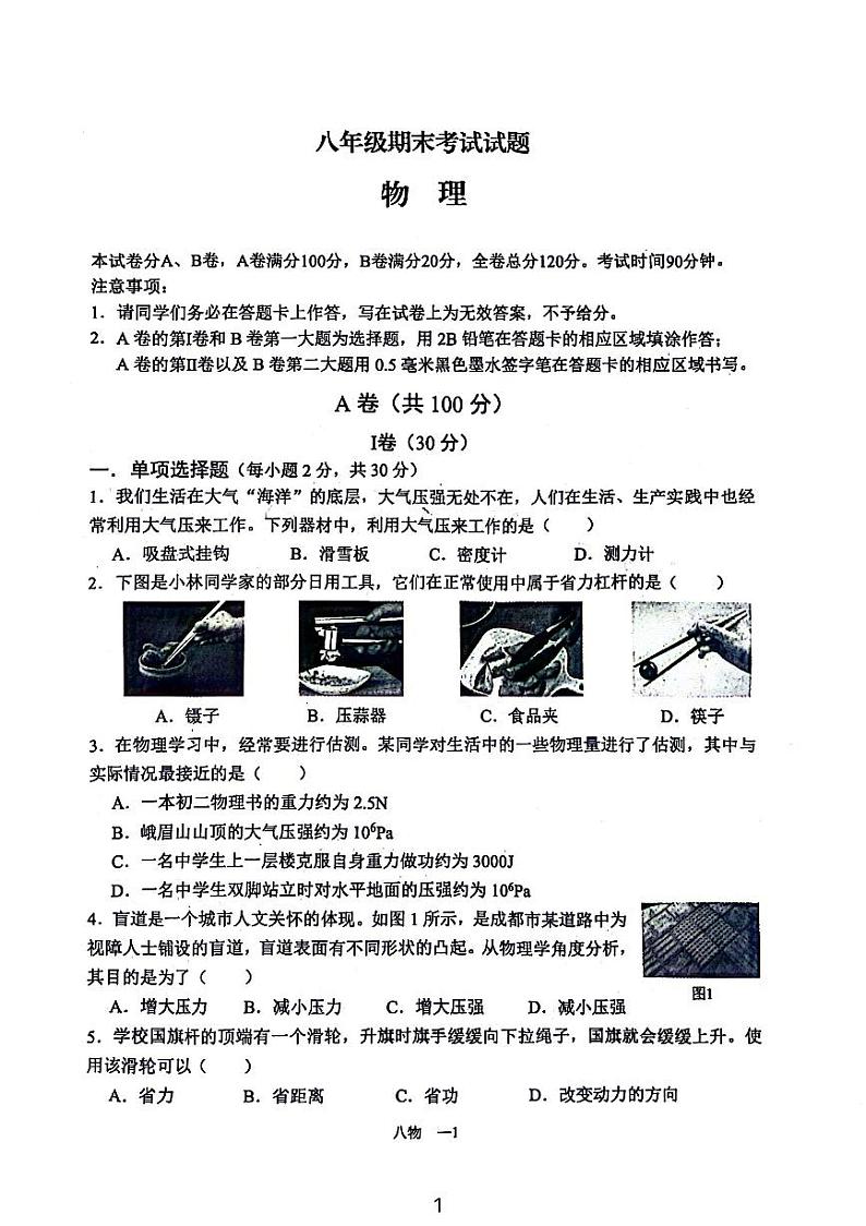 四川省成都市锦江区2023-2024学年八年级下学期期末物理试题第1页