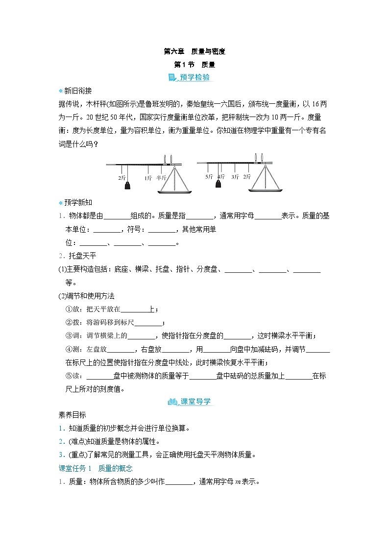 6.1 质量 （学案）2024-2025学年人教版（2024）八年级物理上册01