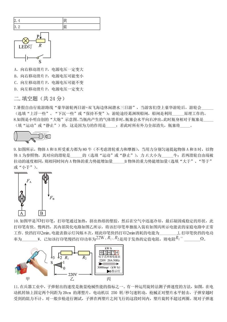 2024年上海市田家炳特色课程实验班中考物理第七次模拟试卷第2页