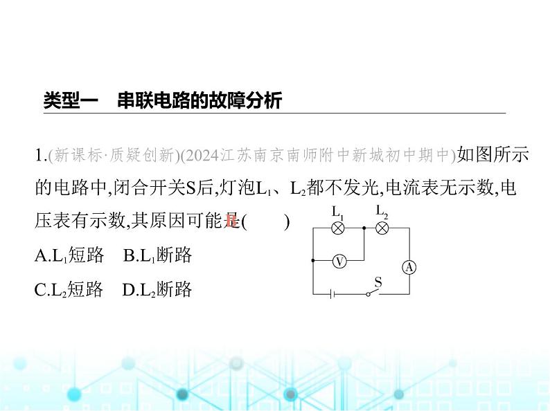 苏科版初中九年级物理专项素养综合练(九)电路故障分析(一)课件第2页