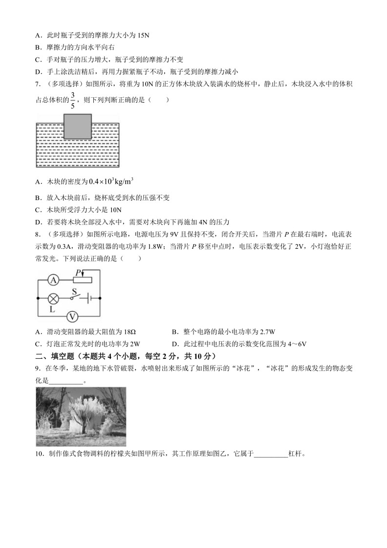 [物理]2024年贵州省黔东南苗族侗族自治州从江县贯洞中学中考二模物理试题(有答案)02