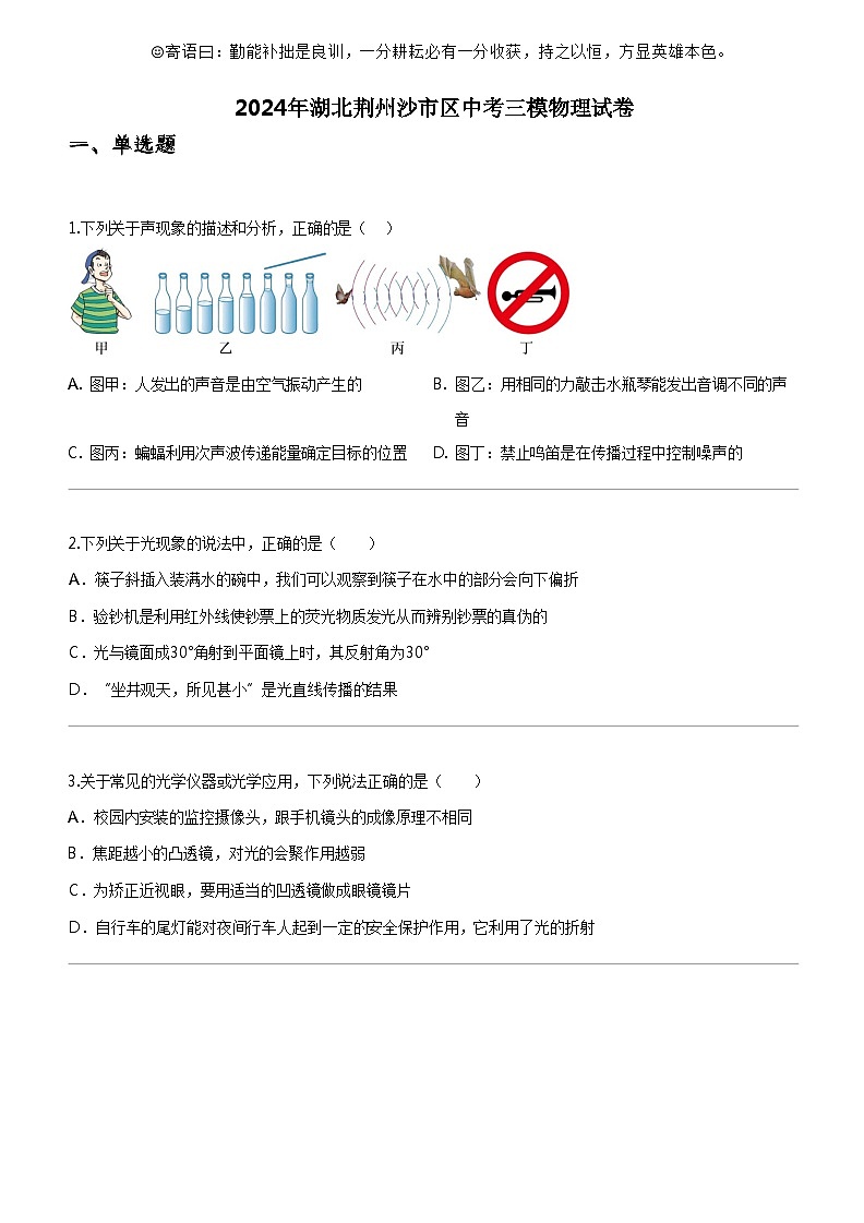 [物理]2024年湖北荆州沙市区中考三模物理试卷01