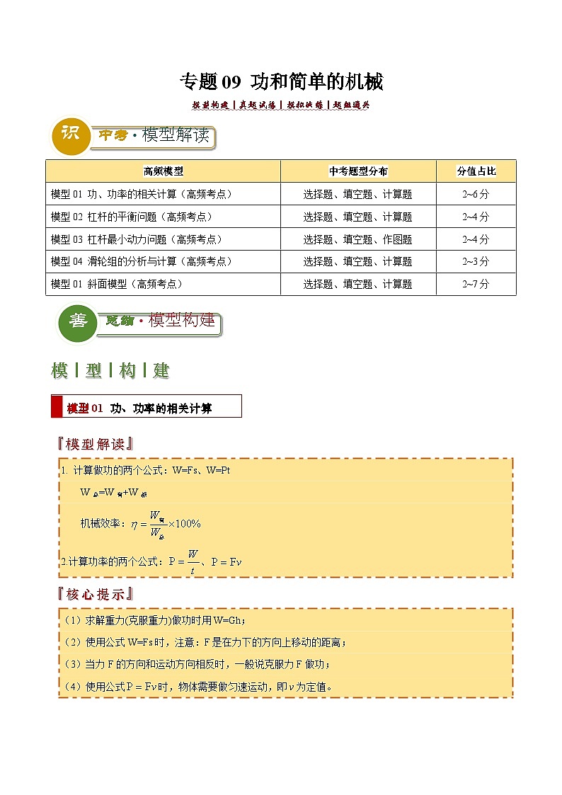 专题09 功和简单的机械（原卷版）2024年中考物理答题技巧与模板构建第1页
