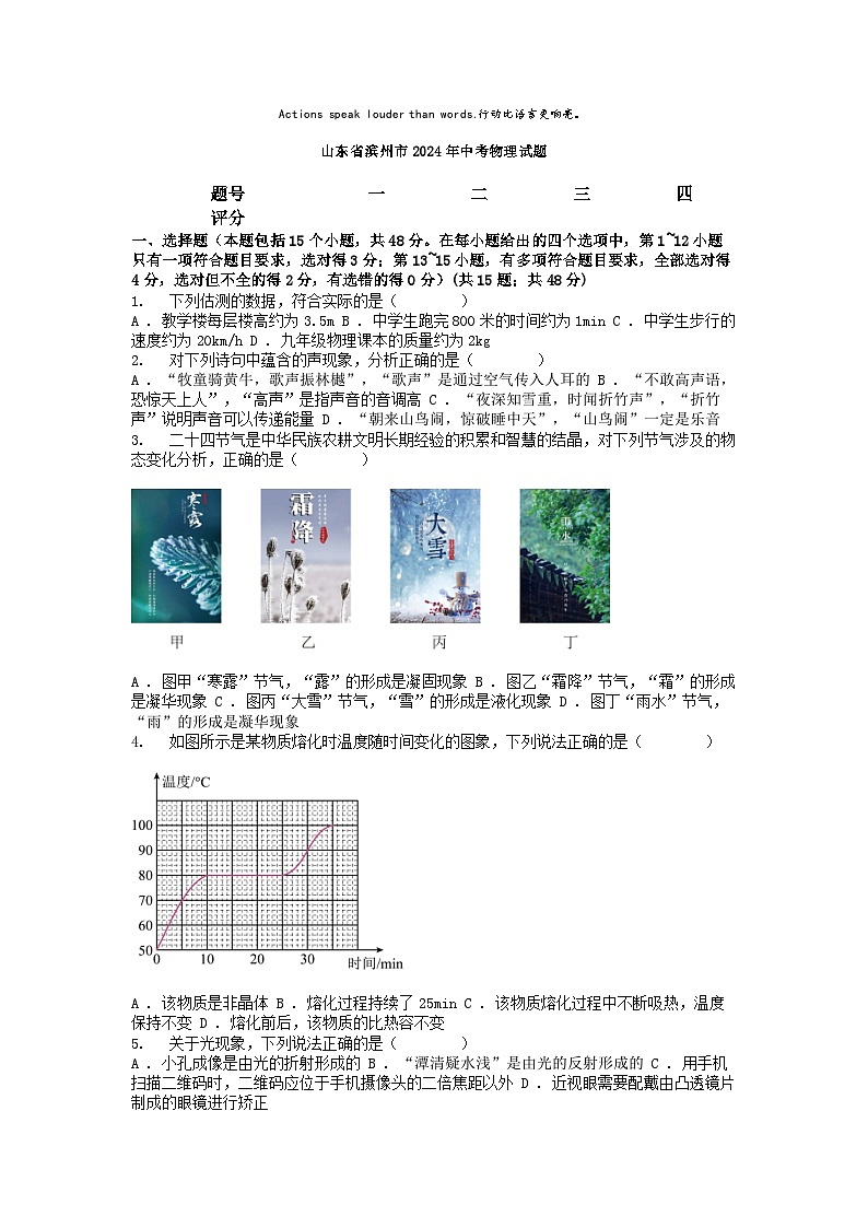 [物理]山东省滨州市2024年中考真题物理试题01