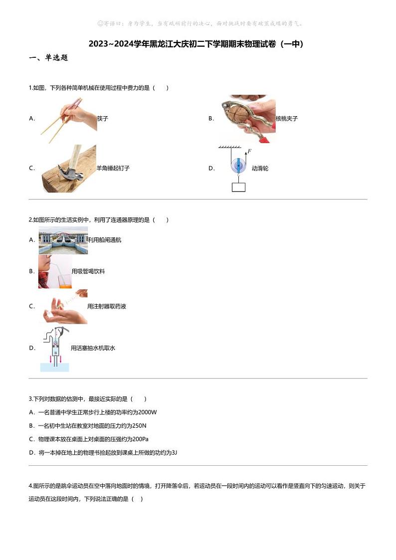 [物理][期末]2023_2024学年黑龙江大庆初二下学期期末物理试卷(一中)第1页