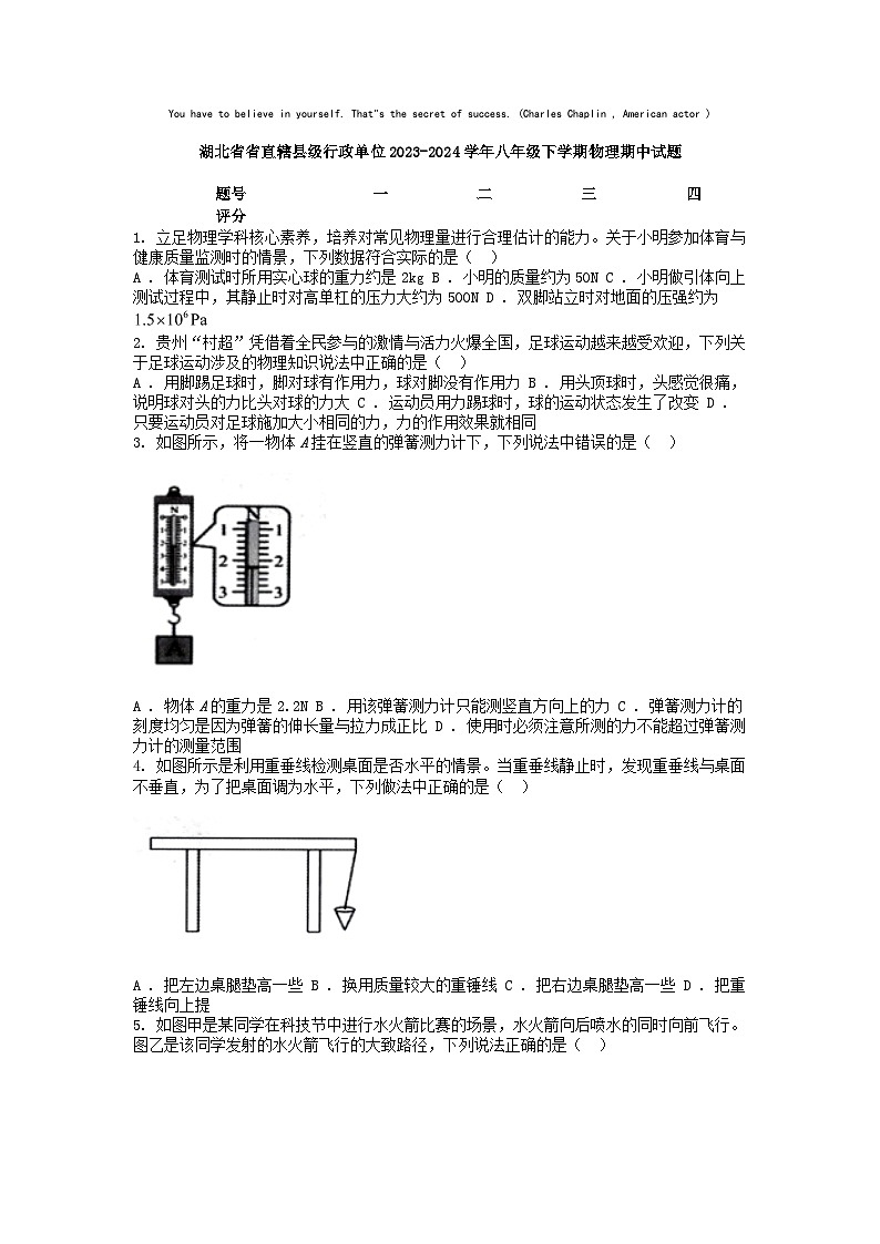 [物理][期中]湖北省省直辖县级行政单位2023-2024学年八年级下学期物理期中试题第1页