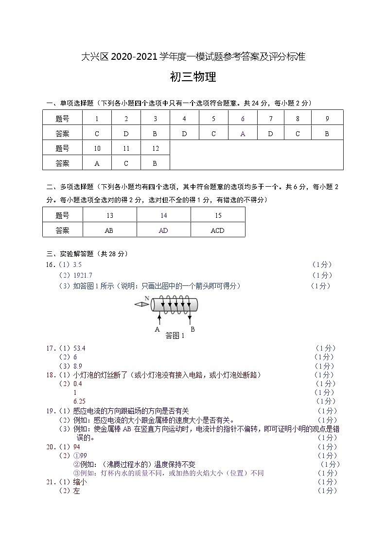 2021大兴中考一模物理试卷答案第1页