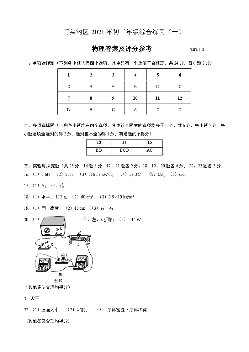 2021门头沟中考一模物理试卷答案第1页