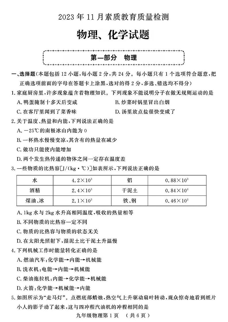 山东省菏泽市曹县2023-2024年九年级上学期期中考试物理化学试题01