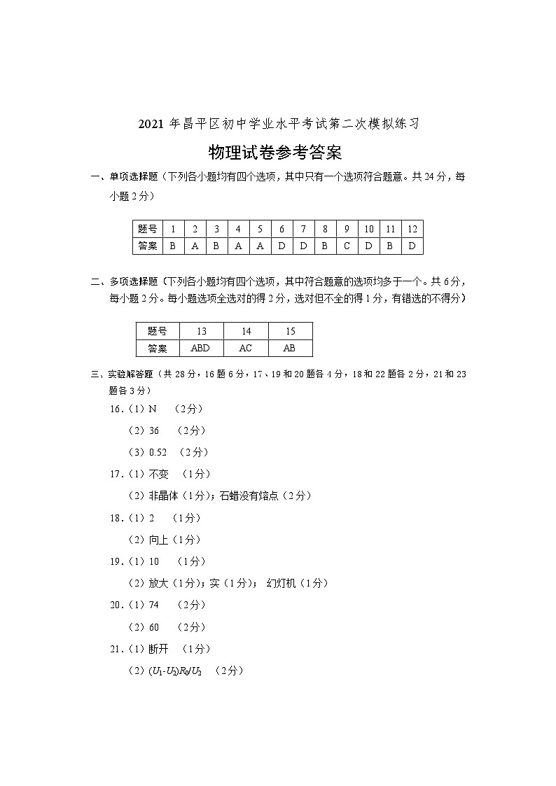 2021昌平中考二模物理试卷答案第1页
