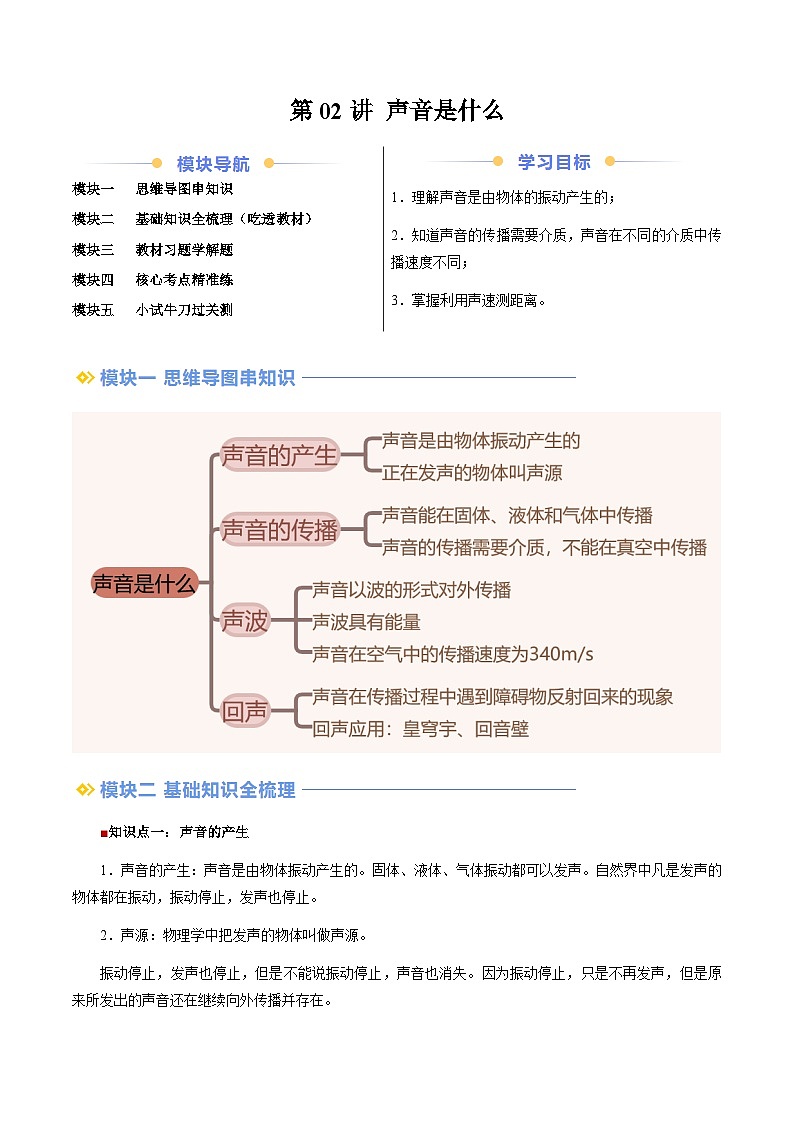 第02讲 声音是什么（含答案）（预习）2025学年八年级物理上册暑假提升讲义（苏科版）01