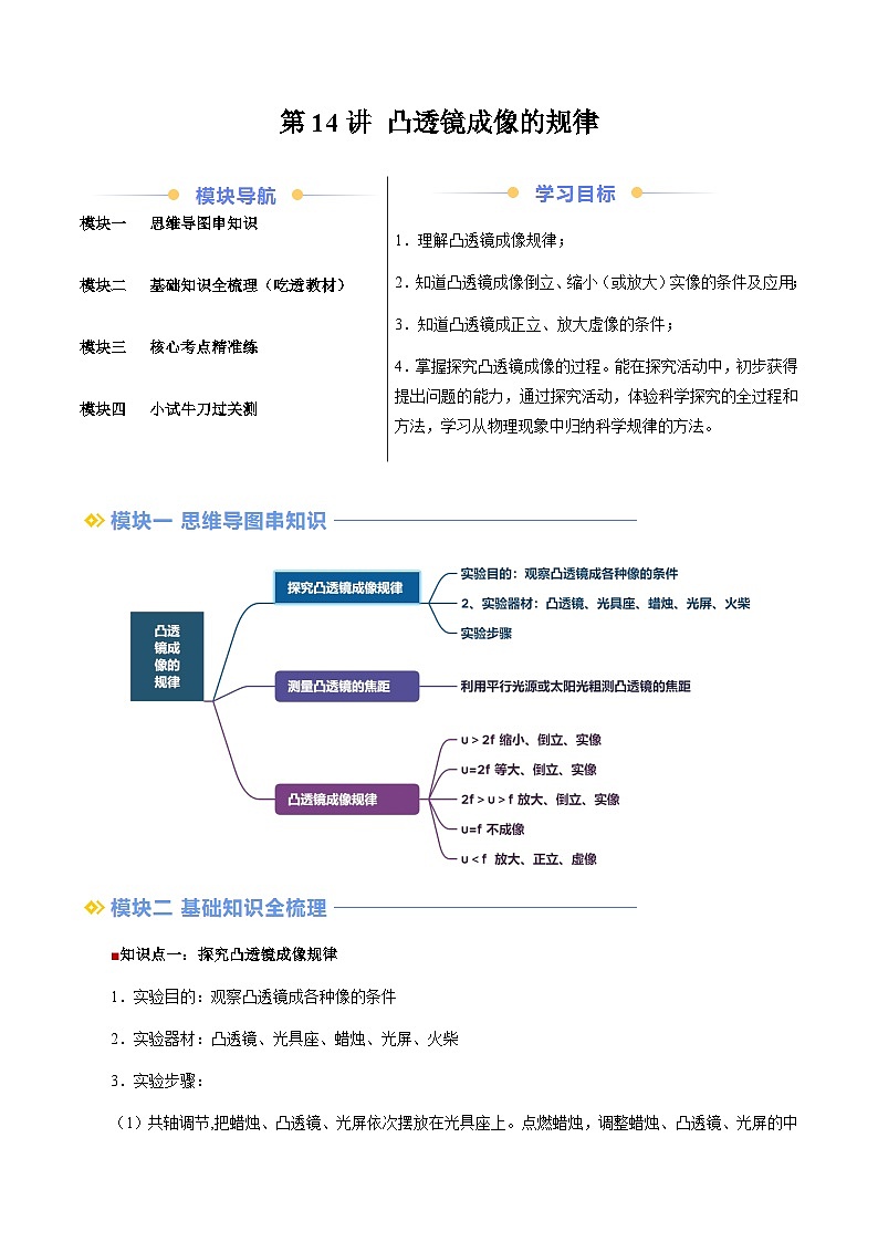 第14讲 凸透镜成像规律（教师版）（预习）2025学年八年级物理上册暑假提升讲义（苏科版）第1页