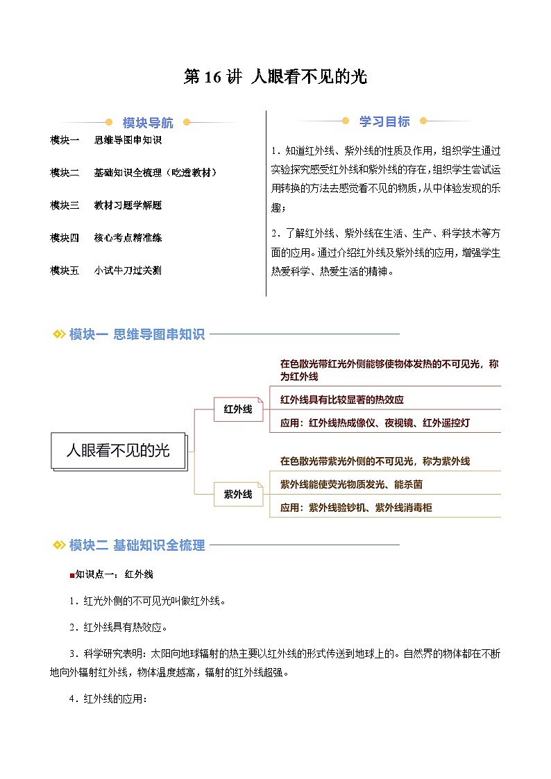 第16讲 人眼看不见的光（学生版）（预习）2025学年八年级物理上册暑假提升讲义（苏科版）第1页
