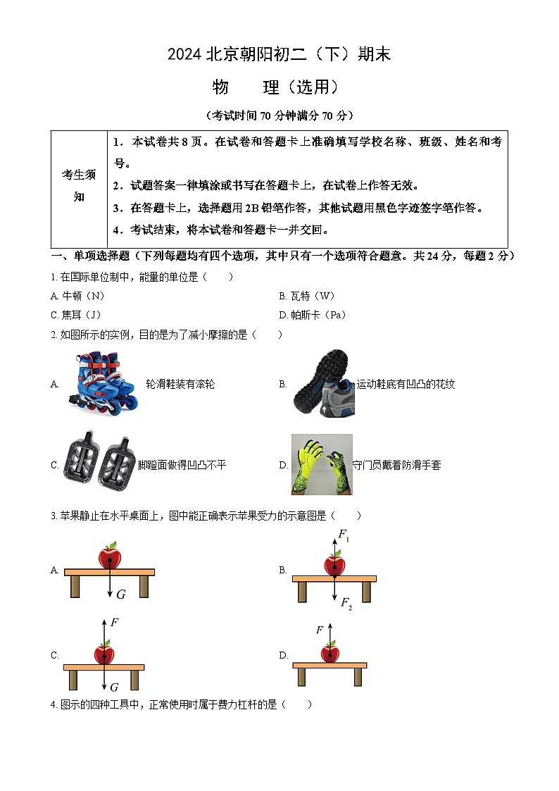 2024北京朝阳初二（下）期末 物理试卷&答案01