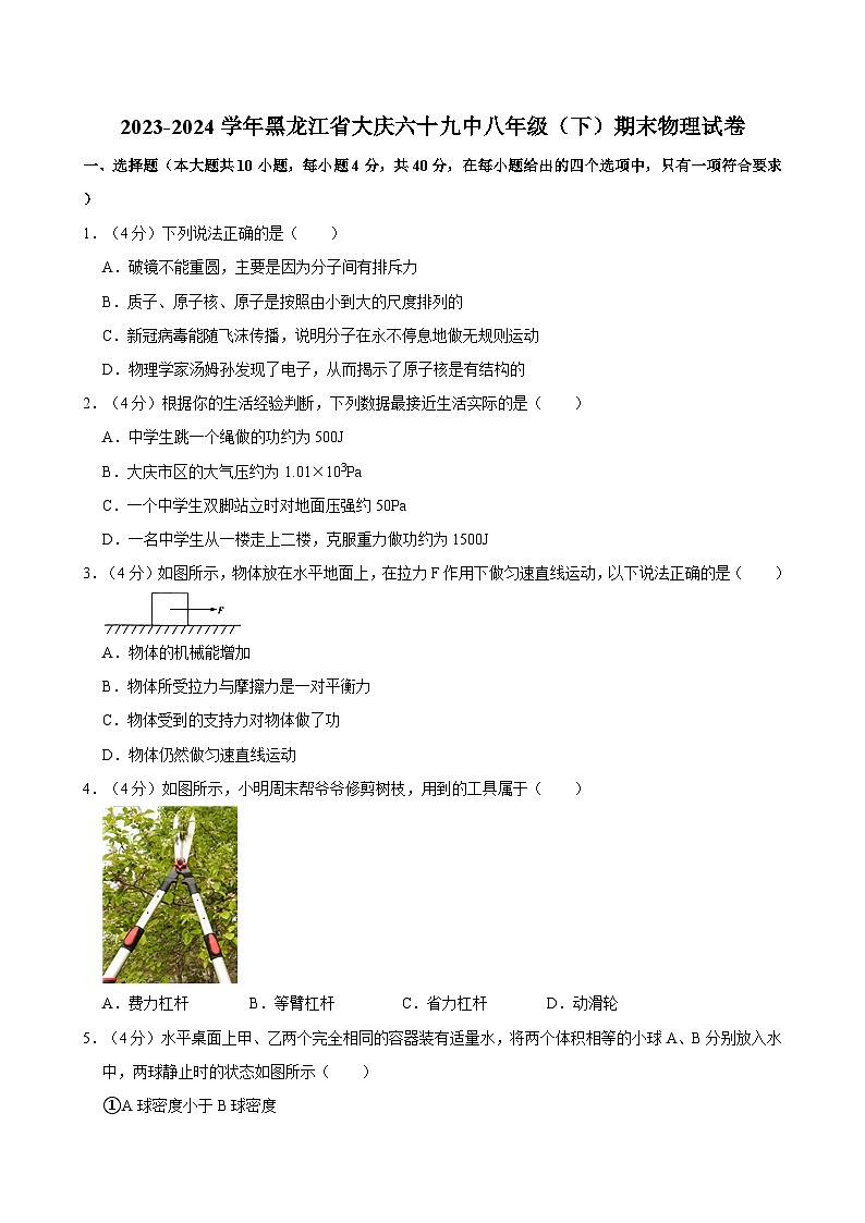 2023-2024学年黑龙江省大庆六十九中八年级（下）期末物理试卷第1页