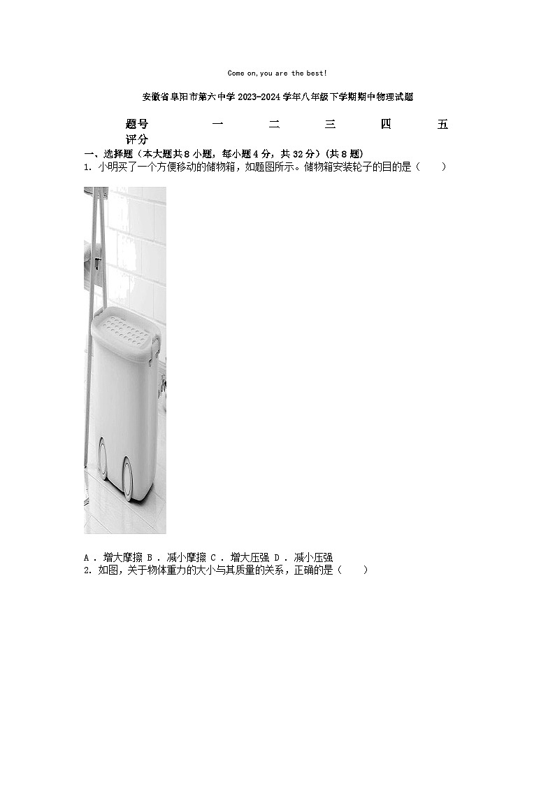 [物理][期中]安徽省阜阳市第六中学2023-2024学年八年级下学期期中物理试题第1页