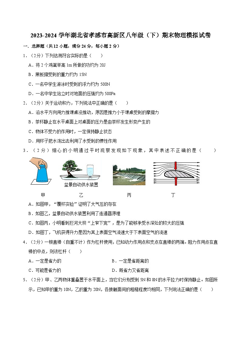 湖北省孝感市高新区2023-2024学年八年级下学期期末物理模拟试卷第1页