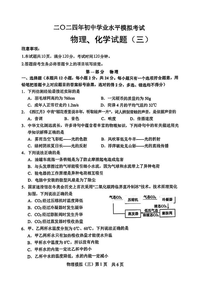 山东省菏泽市郓城县2024年中考三模考试物理化学试题01