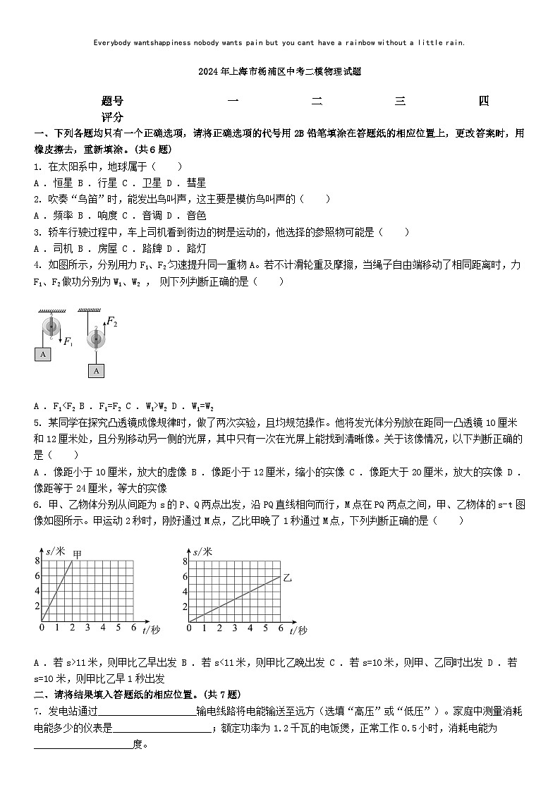 [物理][二模]2024年上海市杨浦区中考二模物理试题01