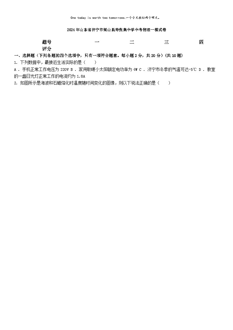 [物理][一模]2024年山东省济宁市梁山县寿张集中学中考物理一模试卷第1页